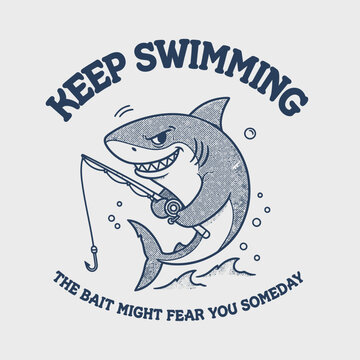 Funny cartoon shark fishing with a rod and reel.