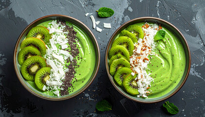 Yogurt smoothie bowl topped with kiwi, coconut flakes, and chia seeds, top-down view