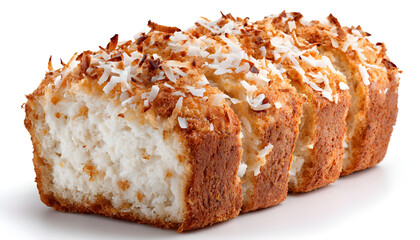 Set of baked coconut bread loaf with shredded coconut topping, isolated on white background, concept of homemade baking