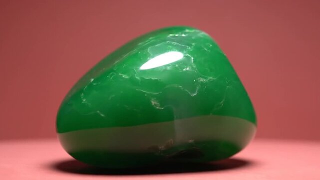 Close Up of a Polished Green Stone with a Reflective Surface on a Red Background.