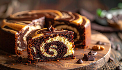 Chocolate swirl marble cake slice on wooden table, close up cozy lighting