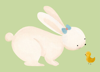 Cute watercolor bunny with blue bow and little yellow chick isolated on black background. Hand painted pastel animal illustration for nursery art, Easter card design, baby shower decor, and spring © Anchalee