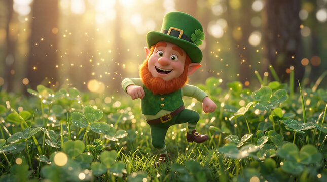 Close-up 3D render of a cute, happy cartoon leprechaun with a ginger beard and green hat dancing in a lush clover field. Warm sunlight filters through trees with a magical bokeh effect for St. Patrick