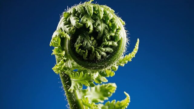 Close up of a vibrant green fern fiddlehead unfurling against a deep blue background.