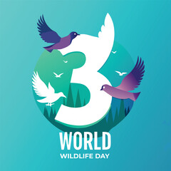 Fototapeta premium World wildlife day design with a prominent number 3 surrounded by flying birds and a vibrant natural landscape within a circular frame
