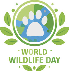 A flat vector illustration featuring a paw print over the Earth surrounded by green leaves with the text “World Wildlife Day,” symbolizing global wildlife conservation and environmental awareness. © Baby AI