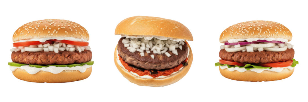 Set of Pljeskavica, Traditional Balkan Grilled Meat Patty Sandwich with Flatbread and Onions, Serbian Street Food Classic isolated on white transparent png background