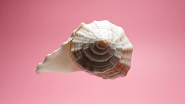 Close-up of a conch shell rotating against a vibrant pink background, showcasing its intricate details and natural beauty.