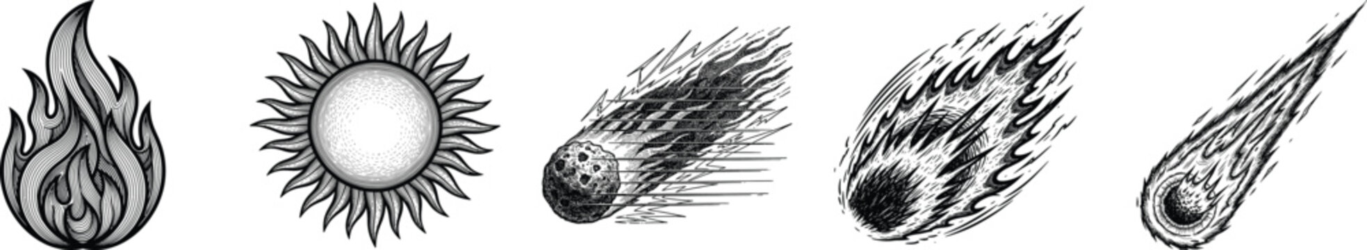 Collection of five black and white illustrations of comets or meteors in various stages of burning up in atmosphere eps vector