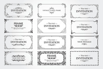 Design elements set, decorative flourish border corner and frame collection for invitation, menu and page decoration