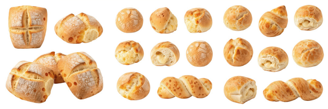 Collection of P&atilde;o de Queijo, Traditional Brazilian Cheese Bread Balls with Soft Chewy Texture, Classic South American Snack isolated on white transparent png background