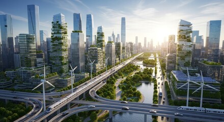 Obraz premium A contemporary eco-city skyline with clean transit and green buildings