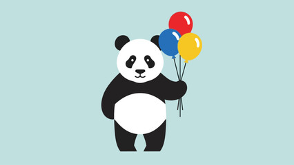 Naklejka premium A cartoon panda holding three colorful balloons against a light blue background