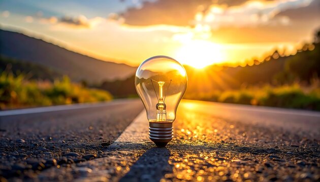 Glowing light bulb on open road at sunset for idea concept