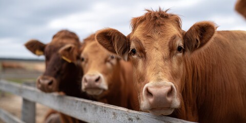 Curious brown cows on farm pasture close-up