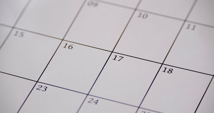 Calendar page showing days of the month and highlighting the 17th day with no specific event marked