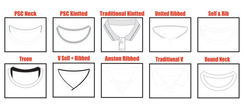 T Shirt Collar and Neckline Variations PSC Ribbed V Neck Round Technical Vector Set