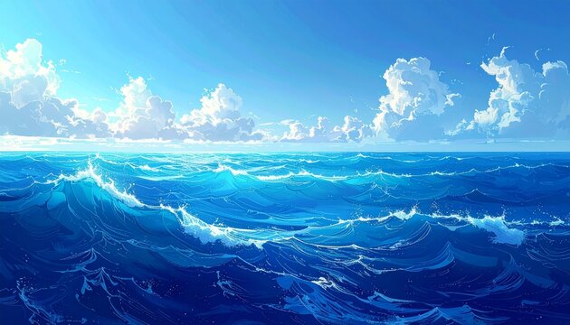 Turquoise ocean waves crashing under bright blue sky with fluffy white clouds