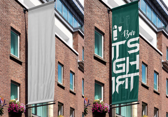 Real photo of Mockup Polaroid banner hanging from the side of A building in Dublin. PSD mockup Templates