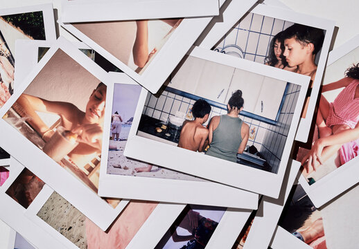 Real photo of Polaroids Arranged in Random Order. PSD mockup Templates