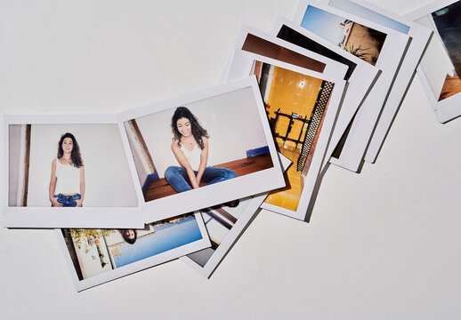 Real photo of scattered polaroids. PSD mockup Templates