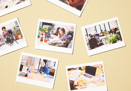 Real photo of polaroid frames lay on a light surface. PSD mockup Templates