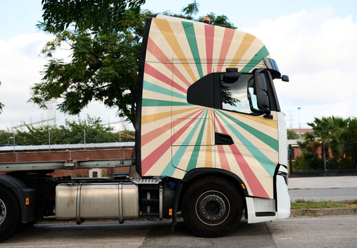 Real photo of Truck in Side View Parked on Street. PSD mockup for your logo design.