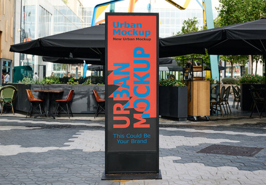 Real photo of Busy Outdoor Display Stand. PSD mockup for your logo design.