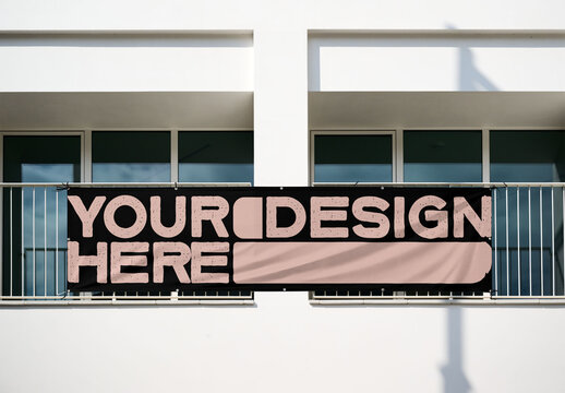 Real photo of Mockup of Daytime Balcony Banner. PSD mockup for your logo design.