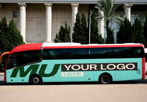 Real photo of Mockup of Modern Bus In Barcelona. PSD mockup for your logo design.