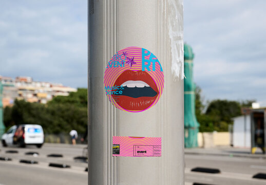 Real photo of Mockup of Circle and Rectangle guerrilla stickers on a Pos in Barcelona. PSD mockup for your logo design