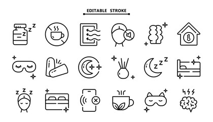 Fototapeta premium Sleep Aid Icon Set: Outline Symbols of Earplugs, Sleeping Pills, Ventilation and Caffeine Free Signs