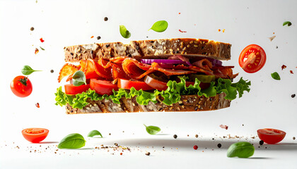 Levitating gourmet sandwich with floating ingredients on white background