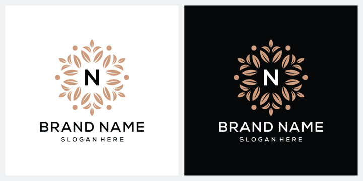 Initial letter n luxury flower mandala for circular leaves natural organic logo design