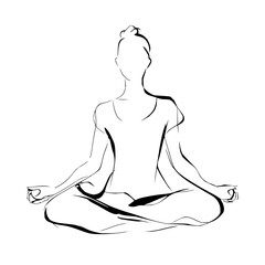 Obraz premium Illustration of a woman in a lotus position meditating with a bun and wearing a t shirt in black and white