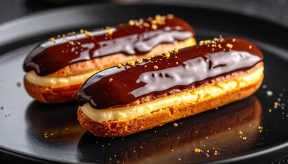 Chocolate &eacute;clair with glossy ganache glaze and creamy custard filling on dark plate, close up