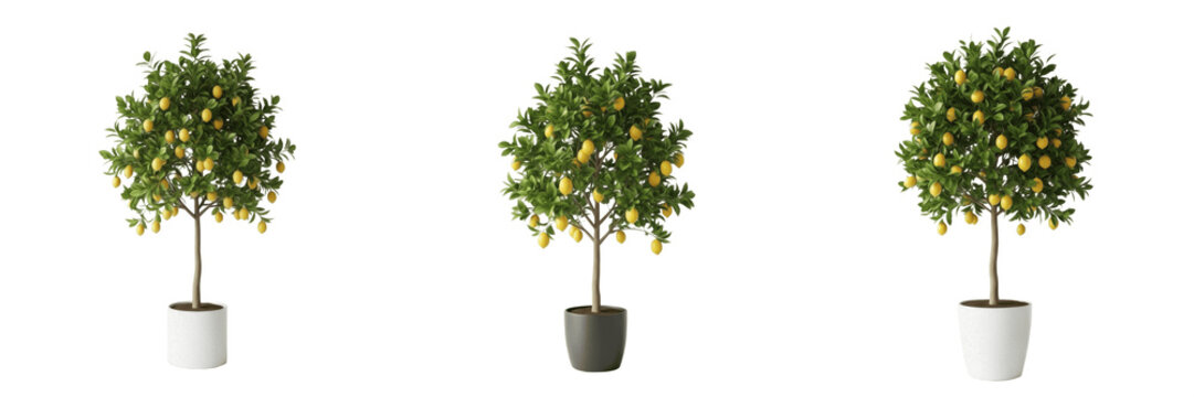 Lemon tree isolated on white background, standing on white floor &ndash; Citrus limon, tropical lemon, edible fruit tree, ornamental lemon, garden citrus, lemon leaves, lemon trunk, orchard lemon, tropical 