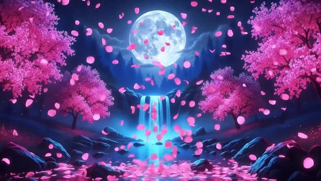Pink cherry blossom trees surrounding a flowing waterfall at night beneath a giant full moon