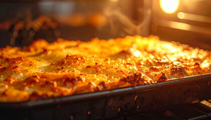 Baked cottage cheese casserole with golden crust under warm oven light, close up