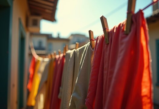 Clothesline Drying Wet Apparel with Sunlight Streaming through Urban Setting Outdoor