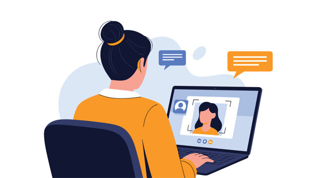 Woman having a video call on her laptop, engaging in an online meeting, virtual chat, or remote job interview from her desk.