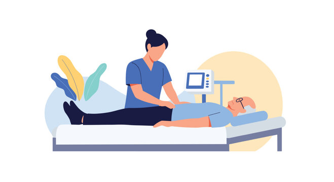 Female nurse or doctor performing an ultrasound scan on the abdomen of an elderly male patient lying in a hospital bed for diagnosis.