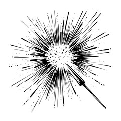Fototapeta premium Illustration of a black and white explosion with radiating lines and a sparkler stick on a white background