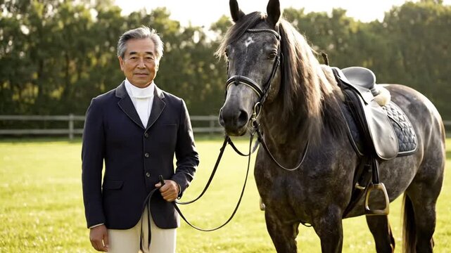 Elegant Asian man with saddled horse in green field