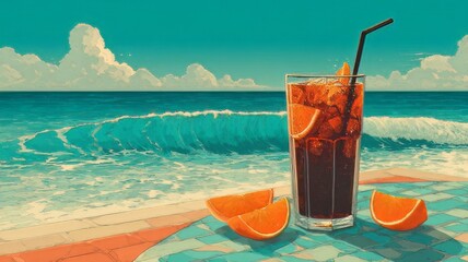 Obraz premium A refreshing glass of cocktail with ice and orange slices sits on top, with the ocean waves crashing in the background, cocktail on the beach, glass of orange juice on beach