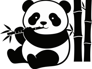 A cartoon panda sitting with bamboo shoots in a serene environment, vector illustration