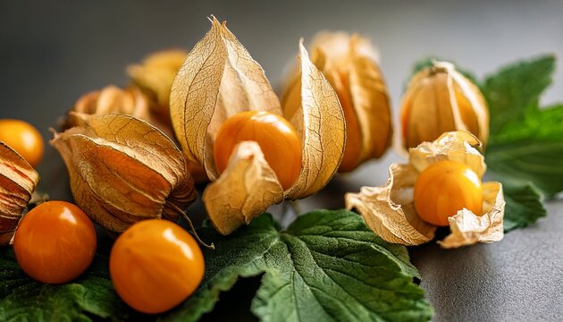 High Quality Photograph Of Golden Cape Gooseberries Surrounded By Papery Husks And Vibrant Green Leaves Perfect For Botanical Prints Health Food Blogs And Educational Materials
