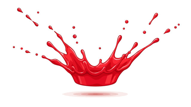 Bright red liquid splash frozen midair with droplets scattered on a white background