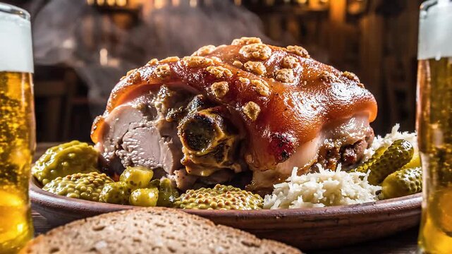 Crispy Roasted Pork Knuckle with Sauerkraut, Pickles, and Beer