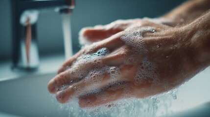 Fototapeta premium Hands wash with soap and water at a sink in a bright kitchen while practicing good hygiene during the day